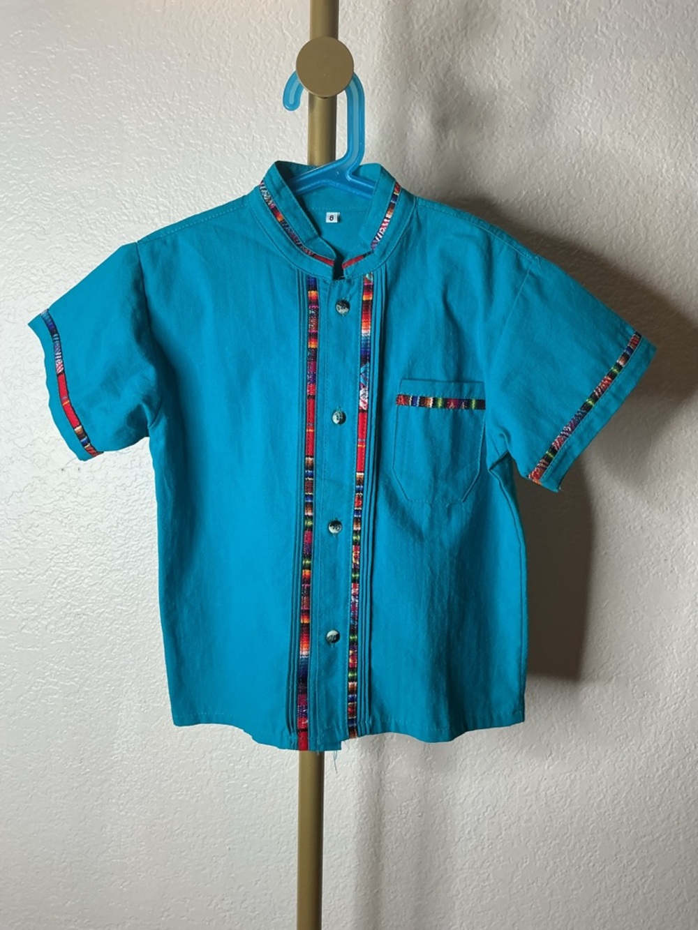 Turquoise Short-Sleeve Button-Front Kids Shirt with Zarape print Trim